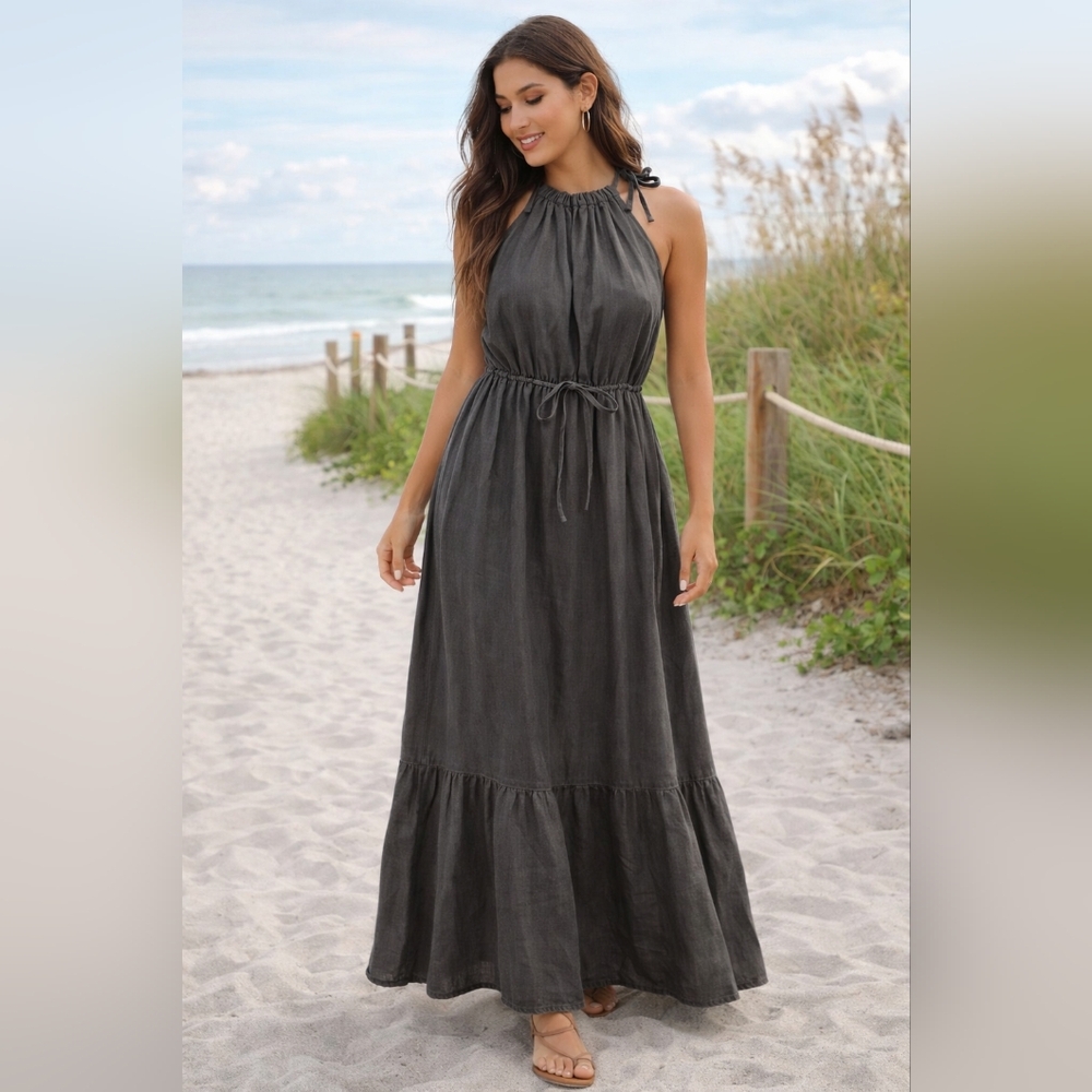 Slate Gray Lyocell Halter Maxi Dress L Tie Neck Elastic Waist Tiered Hem Resort
